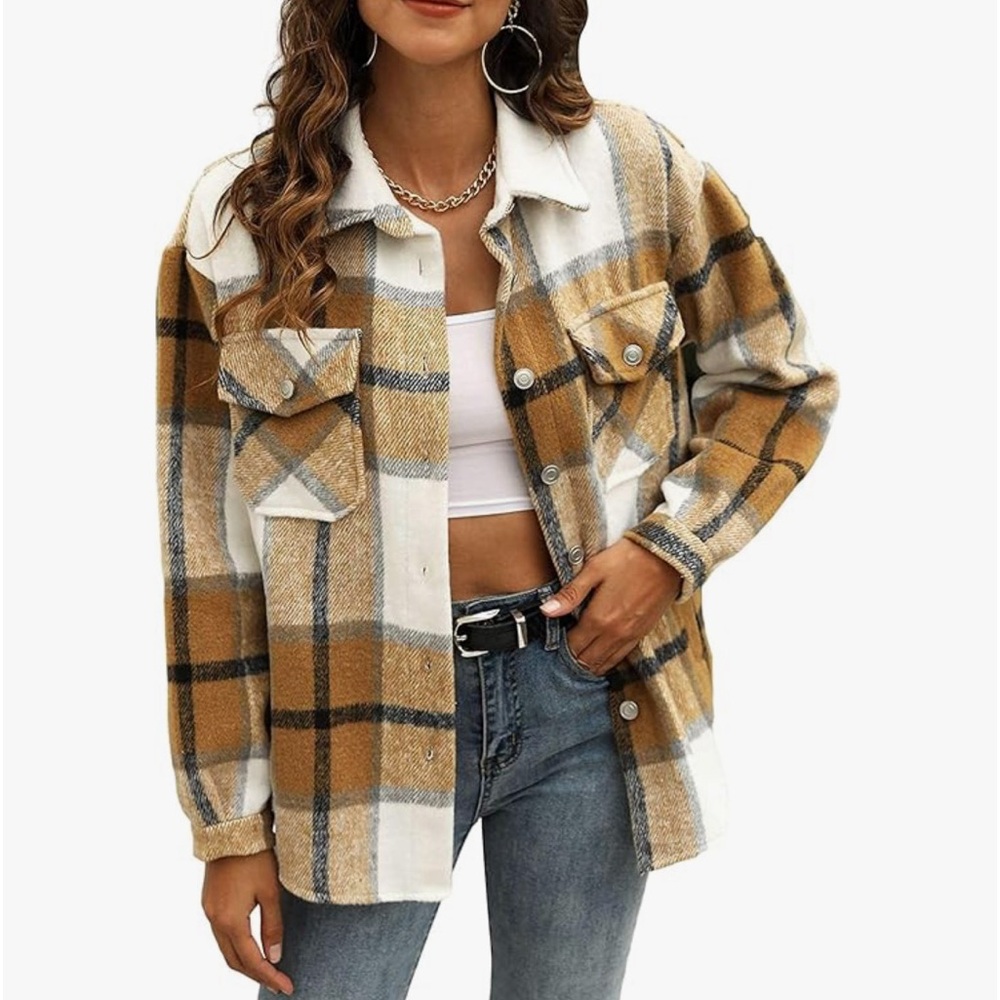 Amazon Uaneo Plaid Button Down Shacket in Khaki